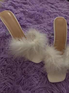 White Faux-Fur Slide Heels for Women